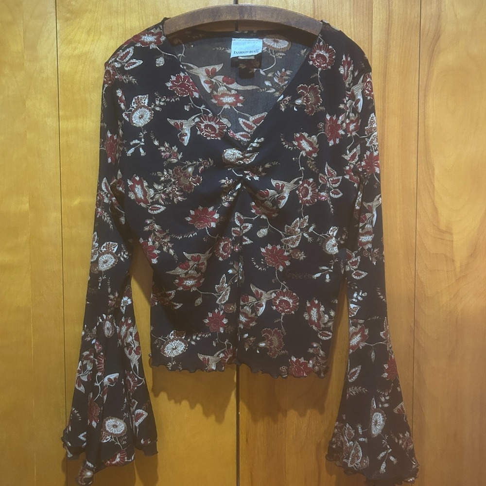 Y2K Fashion Bug Blouse Womens Large Black Red Gold Floral Bell Sleeve Whimsigoth